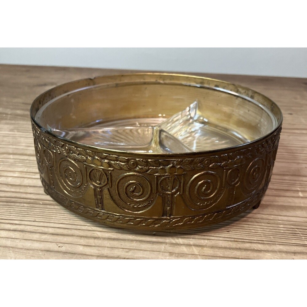 VINTAGE P.N.C.W USA DIVIDED BRASS GLASS INSERT CANDY DISH HOLLYWOOD REGENCY 1930